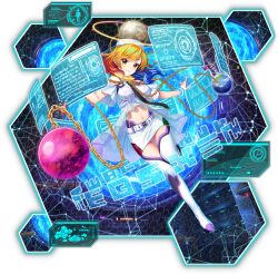 1girl alternate_costume belt blonde_hair blue_hair boots breasts chain closed_mouth clothes_writing earth_(ornament) full_body game_cg gold_chain hecatia_lapislazuli hecatia_lapislazuli_(gate_administrator) hecatia_lapislazuli_(moon) highres holographic_interface large_breasts leg_up long_hair looking_at_viewer midriff moon_(ornament) multicolored_hair navel official_art red_hair rotte_(1109) science_fiction see-through_clothes shirt skirt smile solo thigh_boots third-party_source touhou touhou_lostword transparent_background underworld_(ornament) white_belt white_boots white_shirt white_skirt yellow_eyes