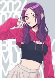 1girl 2024 arm_at_side black_tank_top breasts brown_eyes character_request cleavage commentary_request cowboy_shot crop_top earclip earrings eyelashes finger_to_mouth fingernails forehead grey_background grey_skirt hair_over_shoulder hand_up highres hooded_shrug jewelry large_breasts long_hair long_sleeves looking_at_viewer midriff nail_polish original purple_hair purple_nails red_shrug sakashima_0822 shrug_(clothing) sidelocks signature skirt solo standing stud_earrings tank_top text_background wavy_hair