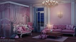 3d absurdres animal_slippers balcony bed blanket blender_(medium) candle candlestand canopy_bed carpet chair coffee_table commentary couch cup curtains door english_commentary floor foxeleos highres indoors night night_sky no_humans original photoshop_(medium) pillow pink_theme railing saucer scenery sky slippers stuffed_animal stuffed_toy table teacup teapot teddy_bear wall watermark wooden_floor