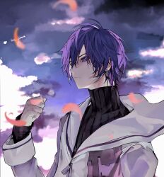 Rule 34 | 0qktb, 1boy, arm up, black shirt, blue eyes, blue hair, clenched hand, closed mouth, cloud, cloudy sky, earrings, falling petals, highres, jacket, jewelry, kaito (vocaloid), looking at hand, male focus, parted bangs, petals, piercing, profile, shirt, short hair, sky, solo, turtleneck, upper body, vocaloid, white jacket
