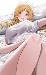 1girl absurdres bed_sheet blonde_hair blue_eyes blush breasts commentary from_below hachimiya_meguru hair_flaps highres idolmaster idolmaster_shiny_colors knees_up large_breasts long_hair looking_at_viewer low_twintails lying on_back on_bed one-piece_swimsuit open_mouth pdal_(pdalhhh) see-through_clothes shirt short_sleeves simple_background smile solo swimsuit swimsuit_under_clothes symbol-only_commentary twintails white_background white_shirt