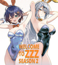 2girls absurdres alternate_costume animal_ears armpits arms_behind_head arms_up belle_(zenless_zone_zero) black_leotard blue_hair blue_leotard bow bowtie breasts chromatic_aberration cleavage collar collarbone commentary_request covered_navel detached_collar earrings english_text fake_animal_ears fake_tail green_eyes grey_hair hair_between_eyes hair_ornament highleg highleg_leotard highres jewelry large_breasts leotard letter_hair_ornament light_blush long_hair looking_at_viewer mole mole_on_breast multiple_girls one_eye_closed open_mouth orange_bow orange_bowtie playboy_bunny rabbit_ears rabbit_tail short_hair smile strapless strapless_leotard tail thigh_gap thighs umamipesto very_long_hair white_collar white_wrist_cuffs wrist_cuffs yellow_bow yellow_bowtie yellow_eyes yi_xuan_(zenless_zone_zero) zenless_zone_zero