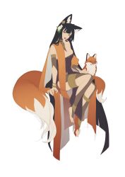 1girl ^_^ absurdly_long_hair animal animal_ear_fluff animal_ears anklet bangle bare_shoulders barefoot black_hair blunt_bangs bracelet breasts cleavage closed_eyes closed_mouth collarbone detached_sleeves dress earclip fangs female_focus flower fox fox_ears fox_girl fox_tail full_body gold grey_leggings grey_sleeves hagoromo hair_flower hair_ornament head_tilt highres jewelry leggings long_hair looking_at_viewer medium_breasts multiple_rings nana_ann orange_eyes orange_shawl original pelvic_curtain purple_dress ring shawl short_sleeves sidelocks simple_background sitting sketch skindentation solo strapless strapless_dress tail teeth thighlet tongue tongue_out very_long_hair white_background white_flower