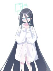1girl 525_woiwo absurdly_long_hair absurdres aqua_halo aris_(blue_archive) black_hair blue_archive blue_eyes collarbone collared_shirt commentary_request hair_between_eyes halo highres long_hair long_hair_between_eyes looking_at_viewer oversized_clothes oversized_shirt shirt simple_background solo very_long_hair white_background white_shirt