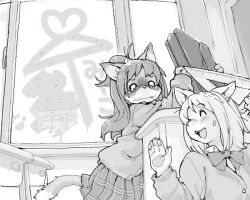 2girls ai_ai_gasa animal_hands bandaid bandaid_on_head blank_eyes blush body_fur classroom claws condensation desk embarrassed glass_writing greyscale indoors kikurage_(crayon_arts) long_hair monochrome multiple_girls original school_desk school_uniform skirt sweater tail teardrop window_fog yuri