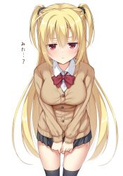 1girl arihara_nanami black_skirt black_thighhighs blonde_hair blush bow bowtie breasts cardigan collared_shirt highres large_breasts long_hair long_sleeves looking_at_viewer ncontrail_(mgax7527) red_bow red_eyes riddle_joker school_uniform shirt simple_background skirt solo thighhighs twintails white_background white_shirt