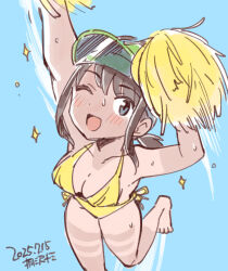 Rule 34 | 1girl, alternate breast size, artist name, barefoot, bikini, black hair, blue background, breasts, cheerleader, cleavage, commentary request, dated, feet out of frame, from above, fubuki (kancolle), grey eyes, holding, holding pom poms, kantai collection, kirisawa juuzou, low ponytail, medium breasts, one eye closed, pom pom (cheerleading), pom poms, ponytail, smile, solo, sparkle, sside-tie bikini bottom, swimsuit, tan, tanline, visor cap, yellow bikini
