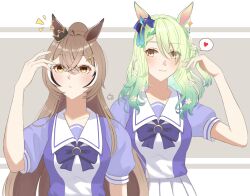 1girl alternate_costume animal_ears antlers blush brown_hair ceres_fauna cosplay flower green_hair hair_flower hair_ornament highres hololive hololive_english horns horse_ears horse_girl horse_tail kemonomimi_mode long_hair multicolored_hair nanashi_mumei school_uniform simple_background sweater_under_shirt tail tracen_school_uniform tree_horns two-tone_sweater umamusume virtual_youtuber yellow_eyes