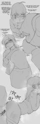2boys absurdres ahoge anal arm_grab ass breast_sucking bulge clothes_lift commentary covered_mouth cum english_commentary english_text from_side fur-trimmed_gloves fur_trim gloves grey_background greyscale half-closed_eye highleg highleg_panties highres jacket joey_(krekkov) krekkov long_hair looking_at_another male_focus male_penetrated male_pubic_hair mask monochrome mouth_mask multiple_boys multiple_views navel nipples one_eye_closed original panties pencil_skirt profanity pubic_hair shirt skirt sucking_male_nipple surgical_mask sweat symbol-only_commentary trap underwear yaoi