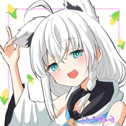 1girl :d ahoge animal_ear_fluff animal_ears arm_up bare_shoulders blue_eyes braid commentary detached_sleeves fox_ears hand_on_own_ear head_tilt highres hololive kiritoma long_hair long_sleeves looking_at_viewer open_mouth shirakami_fubuki shirakami_fubuki_(1st_costume) signature single_ear_down smile solo upper_body virtual_youtuber white_background white_hair white_sleeves wide_sleeves