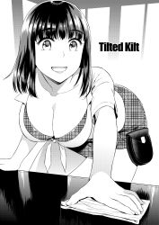 1girl :d absurdres bag bent_over blunt_bangs blush chain cleaning cleaning_rag collarbone crop_top english_text female_focus fingernails greyscale highres long_fingernails long_hair looking_at_viewer miniskirt monochrome non-web_source open_mouth original plaid_clothes plaid_skirt short_sleeves skirt smile solo sugaishi table wiping