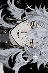 1boy black_background commentary_request double-parted_bangs earrings feathered_wings greyscale hair_between_eyes head_wings highres honkai:_star_rail honkai_(series) jewelry long_hair male_focus monochrome parted_lips piercing sideways simple_background smile solo sparkle spot_color sunday_(honkai:_star_rail) upper_body wings xxazenxx yellow_eyes