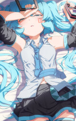 Rule 34 | 1girl, abmayo, aqua eyes, aqua hair, aqua necktie, armpits, bare shoulders, bed sheet, blush, breasts, detached sleeves, hair between eyes, hair ornament, half-closed eyes, hatsune miku, highres, holding, long hair, long sleeves, looking at viewer, lying, medium breasts, navel, necktie, on back, open mouth, partially unbuttoned, shirt, skirt, sleeveless, sleeveless shirt, solo, thighhighs, twintails, unworn hair ornament, vocaloid