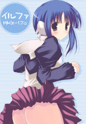 Rule 34 | 1girl, 2000s (style), ass, bad id, blue hair, character name, commentary request, drop shadow, ilfa (to heart), juliet sleeves, kisaki yuu, long sleeves, looking at viewer, looking back, miniskirt, no panties, pink eyes, pink skirt, pleated skirt, puffy sleeves, robot ears, short hair with long locks, skirt, solo, striped background, to heart (series), to heart 2, wind, wind lift