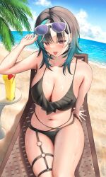 1girl :p absurdres adjusting_eyewear beach bikini black_bikini black_choker black_hair blue_sky braid braided_bangs breasts choker cleavage cloud colored_inner_hair commentary_request curtained_hair day earrings eyewear_on_head frilled_bikini frills green_hair highres hololive hololive_dev_is jewelry large_breasts looking_at_viewer medium_hair multi-strapped_bikini_bottom multicolored_hair navel o-ring o-ring_thigh_strap outdoors p-tomi palm_leaf purple_hair red_eyes rindo_chihaya sidelocks sitting sky solo stomach streaked_hair sunglasses swimsuit thigh_strap tongue tongue_out virtual_youtuber white_hair