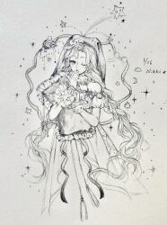 Rule 34 | 1girl, absurdres, bare shoulders, braid, celestial whispers (infinity nikki), chinese commentary, commentary request, copyright name, dated, dress, feet out of frame, frilled wrist cuffs, frills, fur choker, fur cuffs, greyscale, hat, highres, holding, holding pillow, infinity nikki, light particles, long hair, low twin braids, monochrome, nightcap, nightgown, nikki (series), off-shoulder dress, off shoulder, photo (medium), pillow, puffy short sleeves, puffy sleeves, shatang juxiaogou, short sleeves, sleepy, solo, sparkle, standing, star (symbol), traditional media, twin braids, very long hair, wrist cuffs, yawning