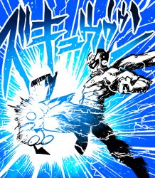 1boy belt blue_theme captain_falcon creatures_(company) electricity f-zero fighting game_freak gen_2_pokemon gloves helmet hitting kneeing monochrome nintendo pants pichu pokemon pokemon_(creature) rariatto_(ganguri) scarf topless_male sparks super_smash_bros.