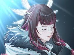1girl artist_name black_hair close-up closed_eyes coat columbina_(genshin_impact) eye_mask fur-trimmed_coat fur_trim genshin_impact hair_ornament head_wings highres light_rays lips multicolored_hair portrait purple_hair simple_background smile solo sparkle_print two-tone_hair white_coat white_mask wing_hair_ornament wings yumikari07