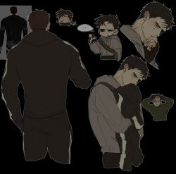 ... absurdres afraid_of_monsters axe bag biting_own_finger black_gloves black_hoodie blush brown_hair chibi chibi_inset david_leatherhoff fingerless_gloves fire_axe gloves grey_hoodie half-closed_eye hand_in_pocket hands_on_own_head highres holding holding_axe holding_unworn_clothes hood hood_down hood_up hoodie ju-san looking_at_another male_focus messy_hair multiple_views pointing print_hoodie scar scar_on_face screenshot_inset short_hair shoulder_bag simon_henriksson speech_bubble sweat turtleneck upper_body