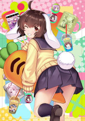 1girl ahoge alternate_costume animal_ears black_skirt black_socks blush brown_eyes brown_footwear brown_hair cardigan cellphone commentary_request cup floppy_ears foot_out_of_frame hataraki_kuma inaba_tewi kirisame_marisa long_sleeves looking_at_viewer miniskirt mug one_eye_closed phone pink_background pleated_skirt rabbit_ears rabbit_girl rabbit_tail reisen_udongein_inaba school_uniform serafuku short_hair skirt sleeves_past_wrists smartphone socks solo stuffed_carrot tail thighs touhou underbutt v yellow_cardigan