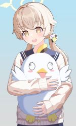 1girl :d bird blue_archive blue_sailor_collar blue_skirt blue_sky blush blush_stickers brown_hair buttons cardigan commentary dot_nose fingernails gradient_sky hair_ornament hair_ribbon halo hifumi_(blue_archive) highres holding holding_stuffed_toy light_blush long_hair long_sleeves looking_at_viewer low_twintails onemune6 open_mouth outdoors penguin peroro_(blue_archive) ribbon sailor_collar school_uniform serafuku skirt sky sleeves_past_wrists smile solo stuffed_animal stuffed_bird stuffed_penguin stuffed_toy teeth tongue tongue_out twintails upper_body upper_teeth_only wall-eyed white_bird white_cardigan wing_hair_ornament winged_halo yellow_eyes yellow_halo yellow_ribbon