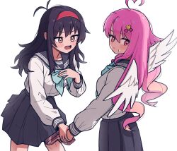 Rule 34 | 2girls, absurdres, ahoge, alternate costume, antenna hair, commission, commissioner upload, feathered wings, gun, hairband, handgun, highres, holding another&#039;s wrist, jin (jinkwon1147), lilim (sakura cupid), mitsuki (sakura cupid), multiple girls, non-web source, pink eyes, pink hair, red hairband, sakura cupid, school uniform, serafuku, sweatdrop, weapon, white serafuku, wings, yuri