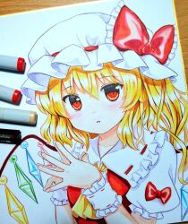 1girl art_tools_in_frame blonde_hair blush bow collared_shirt commentary_request crystal flandre_scarlet frilled_bow frilled_shirt_collar frills hat long_hair looking_at_viewer marker marker_(medium) mob_cap puffy_short_sleeves puffy_sleeves ramudia_(lamyun) red_bow red_eyes red_vest shirt short_sleeves solo steepled_fingers touhou traditional_media upper_body vest white_background white_shirt wings wrist_cuffs