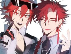 2boys aotu_world black_gloves black_shirt braid braided_ponytail chinese_commentary closed_eyes collared_shirt crossover earrings eyewear_on_head fingerless_gloves gloves goggles goggles_on_head hair_between_eyes hand_up headgear high_collar highres jacket jewelry long_hair long_sleeves looking_at_viewer male_focus multicolored_gloves multiple_boys necklace open_mouth pius_(aotu_world) pointy_ears red_eyes red_hair scar scar_on_face sharp_teeth shiguang_dailiren shirt short_hair simple_background single_braid single_earring sishimidaoxiang sleeves_past_wrists slit_pupils smile tassel tassel_earrings teeth tongue turtleneck upper_body white_background white_gloves white_jacket white_shirt xiao_weiying