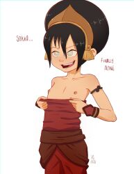 1girl avatar:_the_last_airbender avatar_legends black_hair blind ded_versus hair_between_eyes highres loli nipples open_mouth simple_background solo teeth toph_beifong undressing upper_teeth_only white_background
