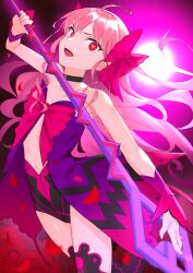 1girl absurdres ahoge apo_(apos2721) bare_shoulders bow choker commentary_request dead_apostle_noel_(tsukihime) flat_chest hair_bow highres holding holding_polearm holding_weapon leotard long_hair melty_blood noel_(tsukihime) open_mouth pink_hair polearm red_eyes smile solo tsukihime weapon