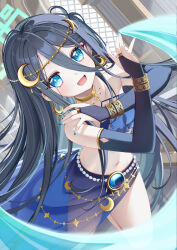 1girl alternate_costume aris_(blue_archive) bare_shoulders black_hair blue_archive blue_bra blue_eyes blue_gloves blue_skirt blush bra crescent crescent_hair_ornament dancer elbow_gloves fingerless_gloves gloves hair_between_eyes hair_ornament highres ikazu401 loli long_hair looking_at_viewer navel open_mouth see-through_clothes see-through_skirt sidelocks skirt solo stomach underwear
