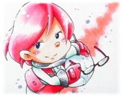Rule 34 | 1girl, akira (8877ice), blue eyes, border, brittany (pikmin), closed mouth, commentary request, cowboy shot, glasses, gloves, helmet, holding, holding helmet, holding removed eyewear, light blush, looking at viewer, lowres, miniskirt, nintendo, pikmin (series), pikmin 3, pink gloves, pink hair, pink skirt, radio antenna, red-framed eyewear, short hair, skirt, smile, solo, space helmet, spacesuit, traditional media, unworn eyewear, white border
