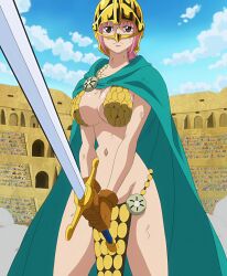 1girl anime_screenshot armor bikini_armor braid braided_ponytail breasts cape cloud cloudy_sky colosseum curvy day gladiator gloves green_cape helmet holding holding_sword holding_weapon jewelry large_breasts looking_at_viewer navel necklace no_panties one_piece pink_hair rebecca_(one_piece) revealing_clothes sky stitched sword thighs third-party_edit weapon