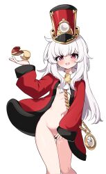 1girl absurdres bottomless clara_(honkai:_star_rail) coat collar convenient_censoring cosplay covering_crotch covering_privates hat highres honkai:_star_rail honkai_(series) lettu loli long_hair mihoyo naked_coat nipples pom-pom_(honkai:_star_rail) pom-pom_(honkai:_star_rail)_(cosplay) solo stopwatch sweat watch white_collar white_hair