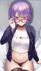 Rule 34 | 1girl, absurdres, adjusting eyewear, anger vein, black collar, black jacket, black panties, black thighhighs, blush, character name, collar, cowboy shot, cropped shirt, dobure18, glasses, highres, hololive, hololive indonesia, jacket, moona hoshinova, multicolored hair, navel, open clothes, open jacket, panties, pout, print shirt, purple eyes, purple hair, shirt, short hair, sitting, solo, text print, thighhighs, two-tone hair, underwear, virtual youtuber, white shirt