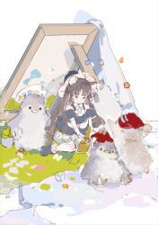 1girl animal_ears baby_animal bare_shoulders bird blue_boots blue_hat blue_shirt blue_skirt blue_sleeves blunt_bangs boots bow bowtie brown_eyes brown_hair chinese_commentary commentary_request crop_top detached_sleeves downturned_eyes easel flower fox_ears fox_girl full_body hat highres holding holding_paintbrush light_blush long_hair looking_at_animal microskirt motion_lines open_mouth original paint_can paintbrush penguin penguin_chick puffy_short_sleeves puffy_sleeves romper shirt short_sleeves sitting skirt sleeveless sleeveless_shirt smile solo two-sided_fabric two-sided_headwear very_long_hair wariza white_bow white_bowtie white_hat white_romper witch_hat yi_tianran_dai