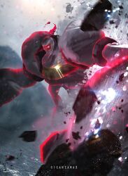 commentary_request debris game_freak gen_7_pokemon gigantamax gigantamax_melmetal glint glowing glowing_eyes highres melmetal mythical_pokemon nintendo one-eyed otsumami_(bu-bu-heaven) pokemon pokemon_(creature) pokemon_focus red_clouds red_eyes solo