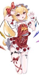 1girl absurdres ascot asymmetrical_legwear blonde_hair blush bow crystal flandre_scarlet frills hair_between_eyes hat highres long_hair looking_at_viewer mob_cap one_side_up open_mouth panties puffy_short_sleeves puffy_sleeves red_bow red_eyes red_ribbon red_skirt ribbon sana_(sanapri11) shirt short_sleeves side_ponytail simple_background skirt solo string_panties thigh_strap thighhighs touhou underwear white_background white_thighhighs wings wrist_cuffs