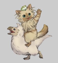 :d animal animal_ear_fluff animal_on_head baby_animal baby_seikret_(monster_hunter) beak blue_eyes brown_fur cat claws digitigrade fangs felyne frog highres horizontal_pupils miqo_te monster_hunter_(series) monster_hunter_wilds no_humans on_head open_mouth riding riding_animal seikret_(monster_hunter) smile tail waving whiskers