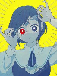 1girl blue_eyes blue_hair blue_ribbon blue_vest center_frills commentary_request frilled_shirt frills fukurai_azami glasses hands_up heterochromia highres limited_palette long_sleeves looking_at_viewer neck_ribbon nega parted_lips pinky_out red_eyes removing_eyewear ribbon shirt short_hair signature solo toshi_densetsu_kaitai_center upper_body vest yellow_background