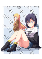 Rule 34 | 2girls, angry, bare legs, blonde hair, blue background, blue hair, blush, border, female focus, full body, gabriel dropout, gabriel tenma white, hair ornament, hairclip, highres, looking at viewer, looking away, multiple girls, on ground, purple eyes, shadow, shirt, shorts, smile, ukami, upper body, vignette tsukinose april