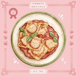 Rule 34 | abbey and bear, animal-themed food, badge, bear, commentary, english commentary, food, food focus, herb, no humans, notice lines, original, pasta, paw print, picture frame, pink background, plate, price, ravioli (food), tomato sauce