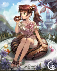 1girl appli_hime artist_name brown_hair castle cloud company_name copyright_name dawkinsia day dessert donut eating feet female_focus flower food food-themed_ornament full_body green_eyes in_food long_hair mini_person minigirl no_socks official_art open_mouth original outdoors oversized_object plate sandals sitting skirt sky solo twintails