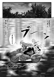1boy 1girl absurdres aether_(genshin_impact) ahoge biker_clothes bikesuit black_bodysuit black_gloves bodysuit braid breasts earrings flamestrider_(genshin_impact) genshin_impact gloves greyscale hair_between_eyes highres jewelry kein_v long_hair long_sleeves mavuika_(genshin_impact) monochrome motor_vehicle motorcycle on_motorcycle open_mouth riding speech_bubble very_long_hair