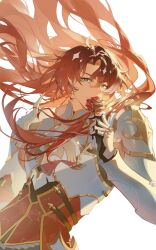 1boy absurdres argenti_(honkai:_star_rail) arm_up armor breastplate closed_mouth commentary_request curtained_hair diamond_(shape) eyelashes floating_hair flower green_eyes highres holding holding_flower honkai:_star_rail honkai_(series) long_hair looking_at_viewer male_focus nyuuuul pauldrons red_flower red_hair red_rose rose shoulder_armor simple_background smile solo very_long_hair white_armor white_background