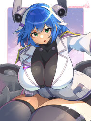 1girl :o black_dress black_thighhighs blue_hair border breasts cloud collarbone covered_collarbone dress green_eyes hair_ornament hairclip highres huge_breasts jacket last_origin looking_at_viewer military_jacket multicolored_hair night night_sky open_mouth outside_border pixiv_id reaching reaching_towards_viewer sand_girl_(last_origin) shiny_skin short_dress short_hair signature simple_background skin_tight sky solo sparkle star_(sky) starry_sky streaked_hair thick_thighs thighhighs thighs turbine twitter_username two-tone_hair umigarasu_(kitsune1963) white_border white_hair white_jacket wing_pin