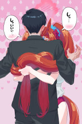 1boy 1girl absurdres acaa animal_ears black_hair blush brown_hair buruma commentary_request daiwa_scarlet_(umamusume) formal_clothes gym_uniform heart hetero highres horse_ears horse_girl horse_tail hug long_hair suit tail tiara trainer_(umamusume) twintails umamusume very_long_hair