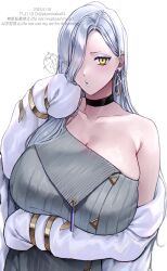 1girl absurdres arm_under_breasts bare_shoulders black_choker blue_lips breasts choker cleavage dress earrings eyeshadow fate/grand_order fate_(series) grey_dress hair_over_one_eye hand_on_own_cheek hand_on_own_face highres hoop_earrings huge_breasts jacket jewelry long_hair looking_at_viewer makeup mrs._snake_(fate) off_shoulder open_mouth parted_bangs ribbed_dress sleeves_past_wrists slit_pupils solo sweater sweater_dress tassel twitter_username white_background white_hair white_jacket yayoi_maka yellow_eyes