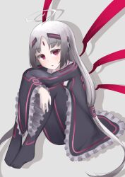 Rule 34 | 1girl, absurdres, ahoge, blush, dress, forehead jewel, frilled dress, frills, hair tubes, hairband, highres, huge ahoge, long hair, looking at viewer, low twintails, neon trim, orangeman 831, pantyhose, red eyes, simple background, solo, squatting, twintails, under night in-birth, vatista (under night in-birth), very long hair, white hair, wings