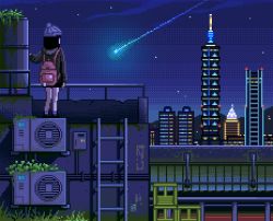 1girl absurdres air_conditioner black_hair black_shoes black_skirt blue_hat bob_cut building cityscape comet dithering facing_away female_focus fence grass grey_hoodie hat highres hood hoodie knit_hat ladder md5_mismatch night night_sky nino_berlin original pink_bag pink_socks pixel_art pom_pom_(clothes) resolution_mismatch rooftop shoes short_hair skirt sky socks solo source_smaller spire star_(sky) starry_sky taipei_101 taiwan tower water_tank